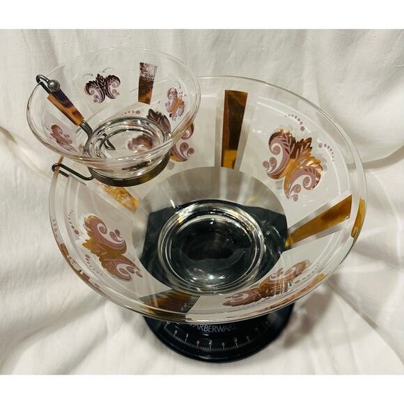 Vintage MCM Glass Chip and Dip Set Gold & Frosted Fleur-de-Lis Design Party chic - Picture 8 of 10